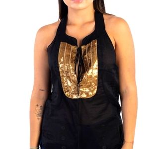 Black halter top with gold sequin detail